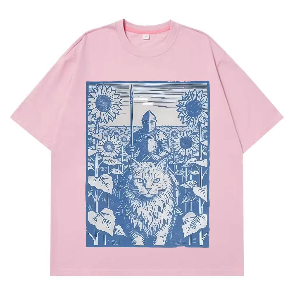 

Cat Knight Medieval Sunflowers Vintage Graphic TShirt Men Women Casual Tshirts Shortsleeved Hiphop Cotton Aesthetic Top 4XL