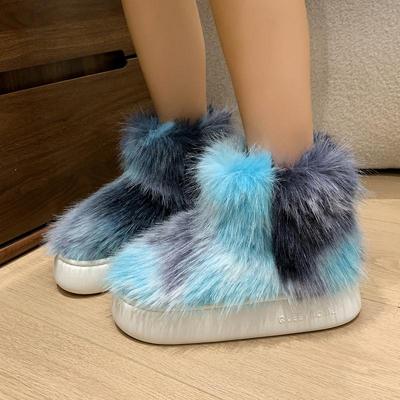 Modische flauschige blaue Fell-Schneestiefel für Damen 2025, lässige mehrfarbige lange Plüsch-Schneestiefel für Damen, verdickte Sohle, Schuhe aus Kunstfell
