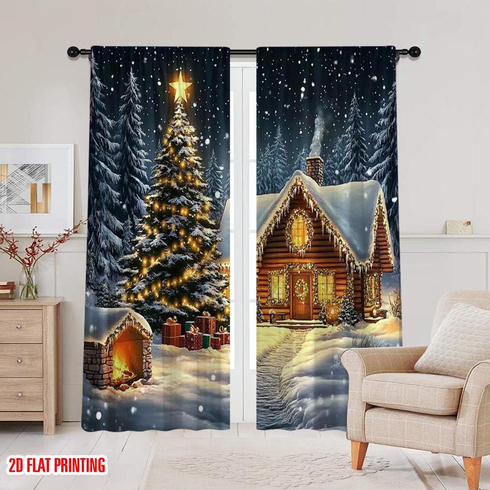 2pcs 2D Flat Printing Christmas Window Drapes Holiday Christmas House Versatile Durable Polyester Without Electricity Spring