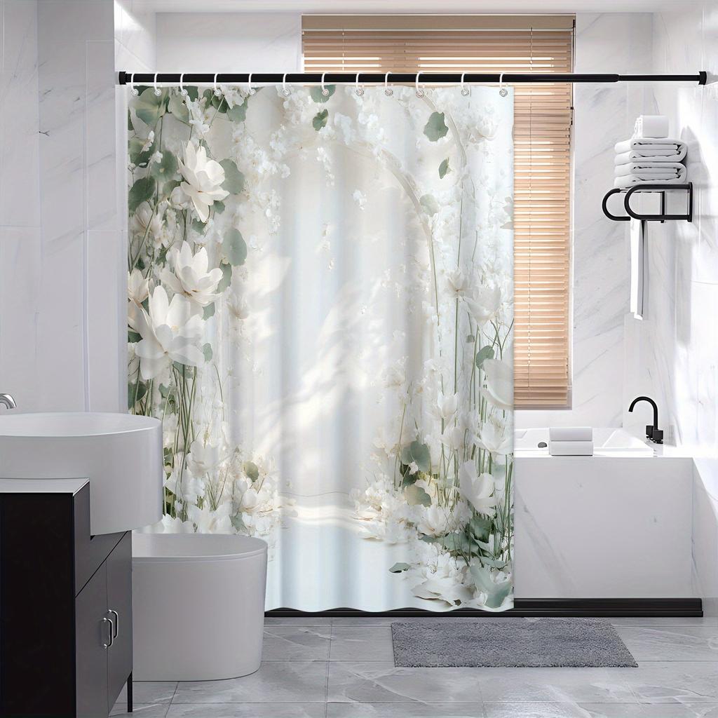 Serene Arch-Shaped Floral Shower Curtain - White Flowers & Green Leaves, Soft Gradient Design, Polyester,  Modern Bath Deco