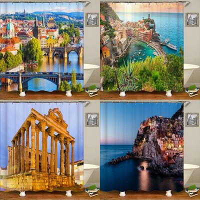 Beautiful Natural Scenery City Town Shower Curtains Bathroom Waterproof Polyester Fabric Bath Curtain Landscape Decor Curtains