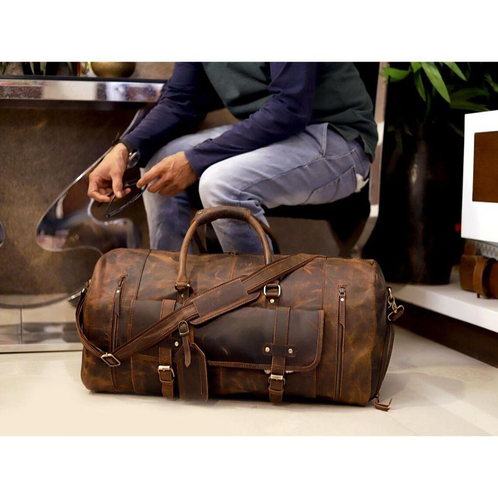 

Спортивная сумка из цельнозерновой кожи буйвола с отделением для обуви Сумка для выходных и праздников 24 x 12 x 10 in коричневый