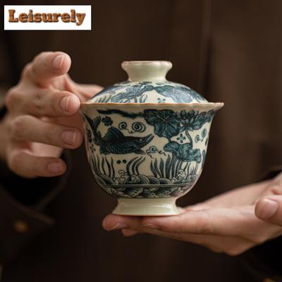 150ml Handgefertigte Ru-Brennofen Porzellan Gaiwan Japanisches Fisch- und Algenmuster Tee-Terrine Teezubereiter Deckel Schale Teeset Cafés Sammlung