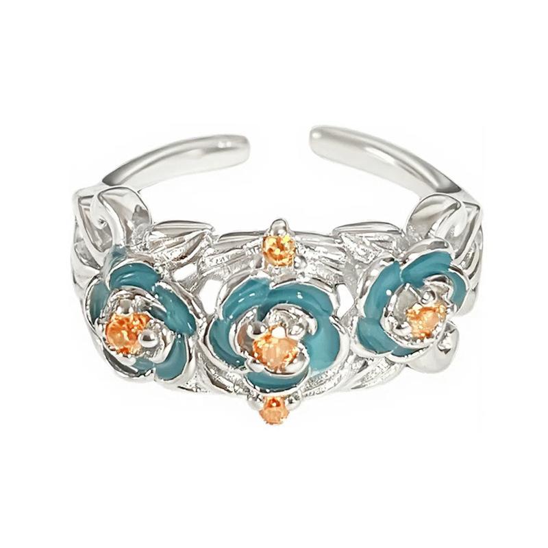 Flowers Are Like Brocade~ Medieval Vintage Hollow Zircon Flower Row Ring Opening Ring Enamel Light Luxury Noble Diamond