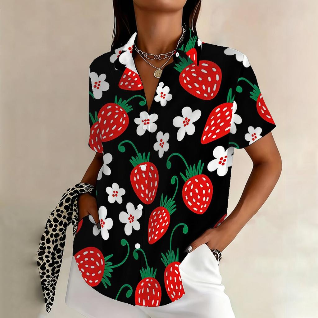 Plus-size women's collared printed short-sleeved shirt with strawberry and flower print, suitable for both work and casual wear