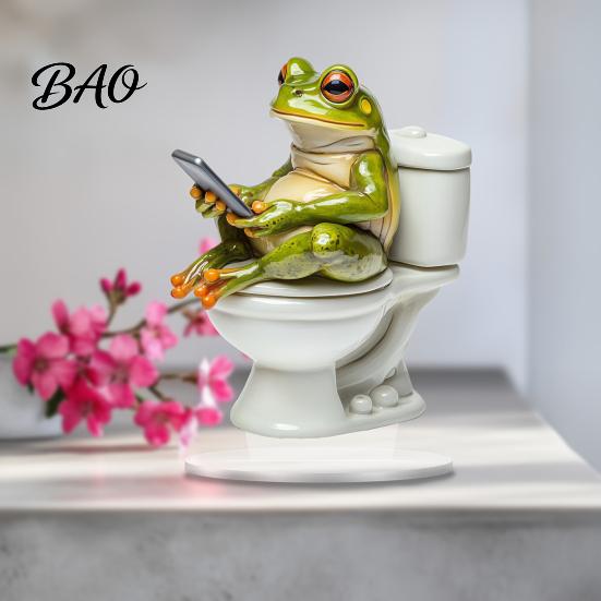 Transparent Acrylic Decor Frog on Toilet Decor, 2D Funny Bathroom Shelf Figure, Cute Decoration Assembled Statue for Desk Living Room Office,