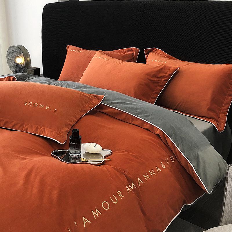 Class A baby velvet four-piece set baby velvet solid color embroidered milk velvet bed three-piece set flannel sheet quilt cover duvet cover