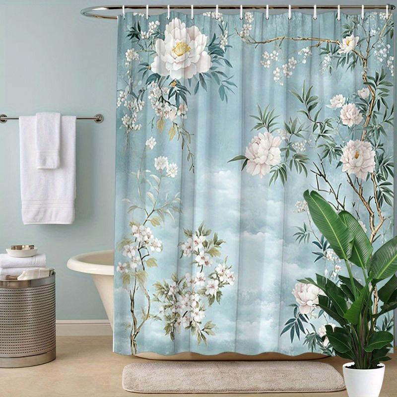 1pc White Blossom Shower Curtain - Peonies & Floral Branches, Soft Cloudy Blue Sky, Chinese Ink Art, Polyester