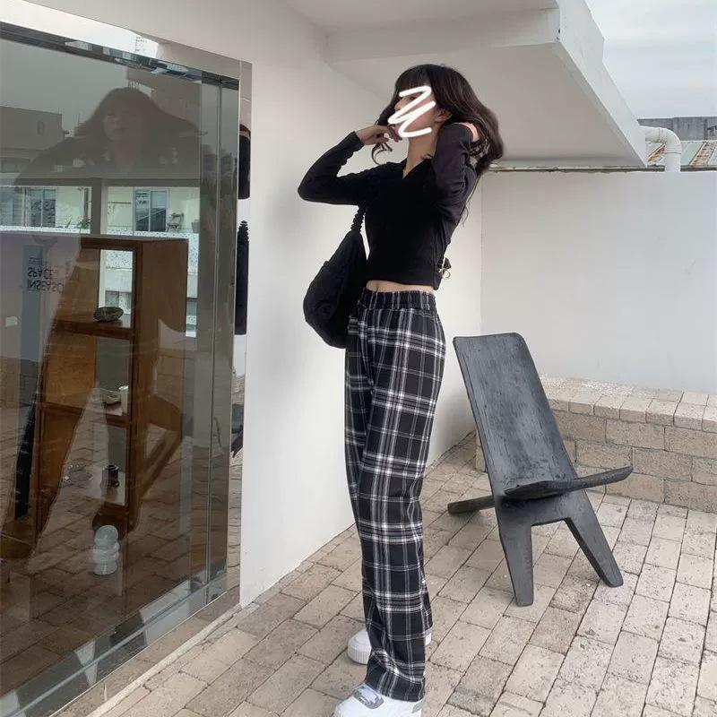 Women's Lambswool Plaid Fleece-Lined High-Waisted Loose Straight-Leg Wide-Leg Pants for Autumn/Winter 2025