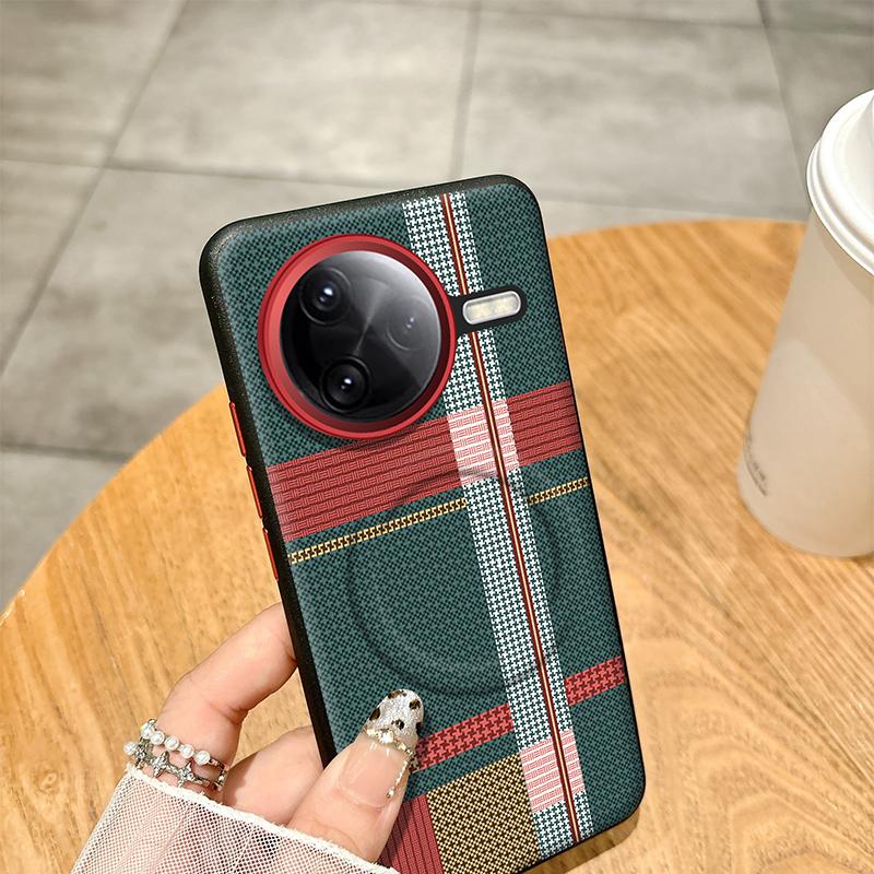 For Redmi K80 Pro Case Red Green Stripe Pattern Leather Magsafe Individual Metal Keys Matte Anti-Slip Grip Soft Cover