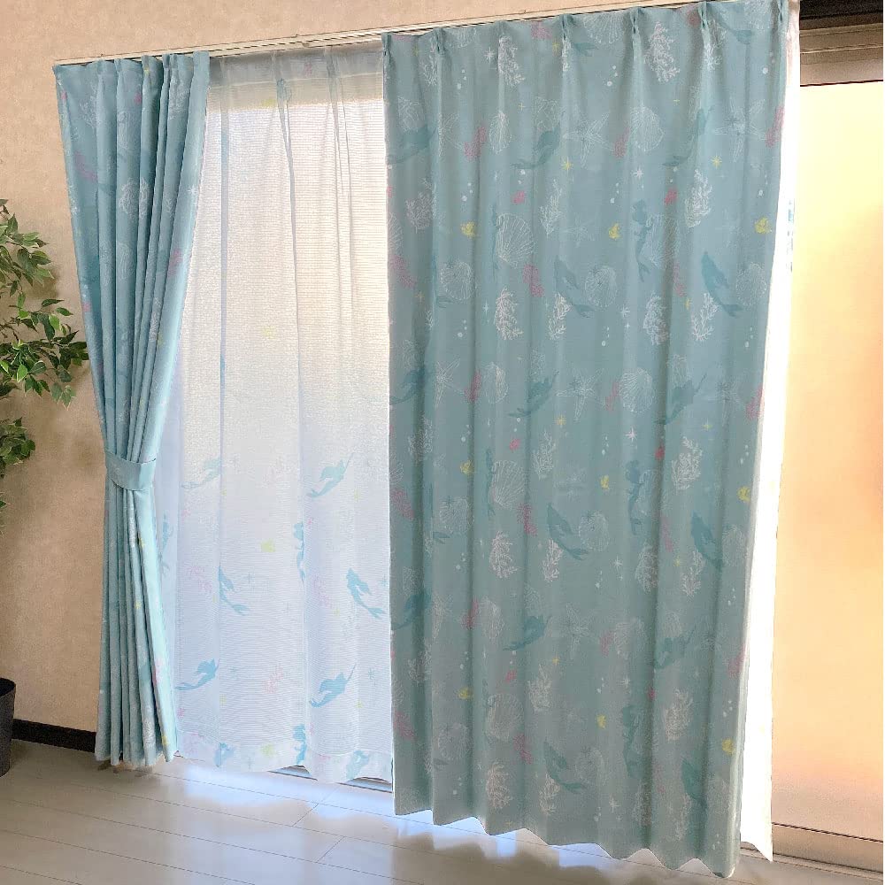 Disney Ariel Disney Level 2 Blackout and Lace Set of 100 X Disney Little Character Heat-Resistant Curtains, 4, 178cm, Princess, Mermaid, Washable,