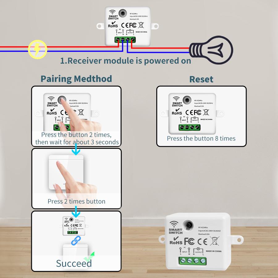 Wireless ON OFF Switch RF433 Module Remote Control Light Switch 1/2/3 Gang Wall Switch For 10A 110V 220V Chandelier Light Bulb