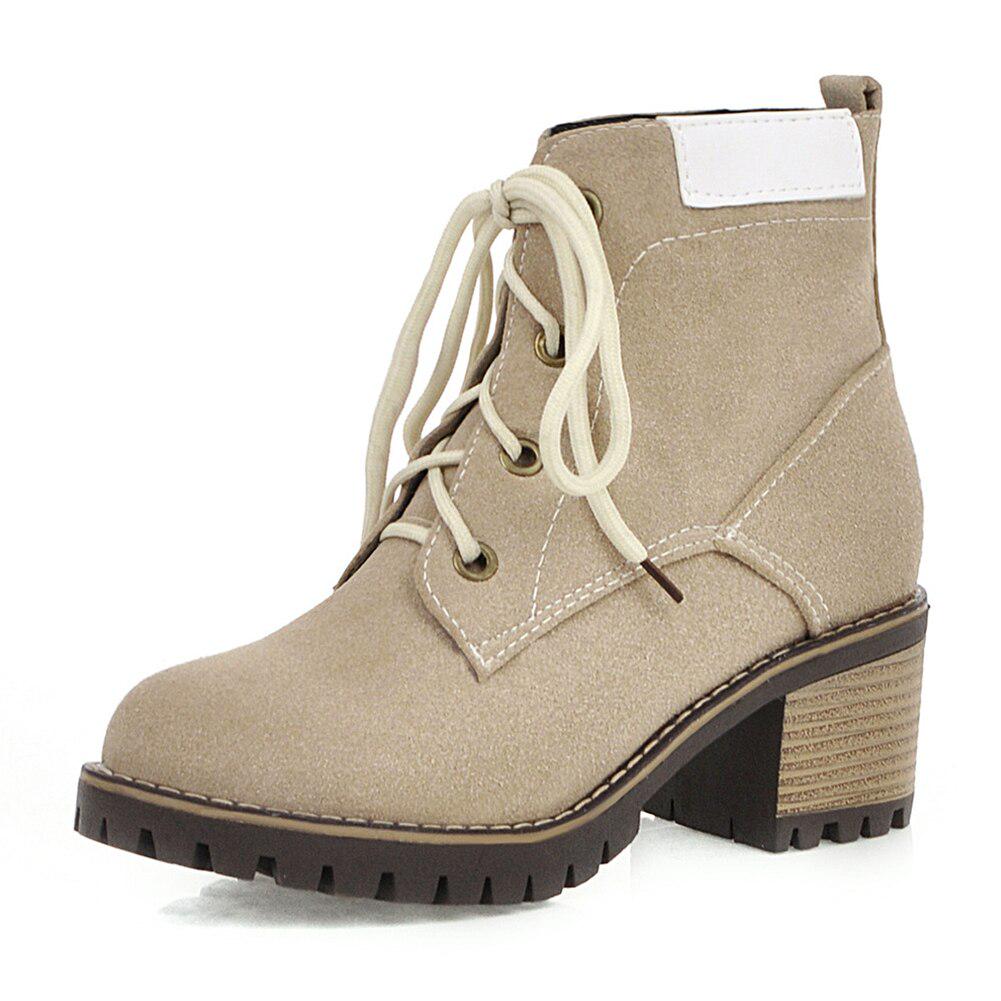 Details about / Women/'s Lace Up Mid Calf Chunky Block Low Heel Boots Ladies Combat Shoes 34-43