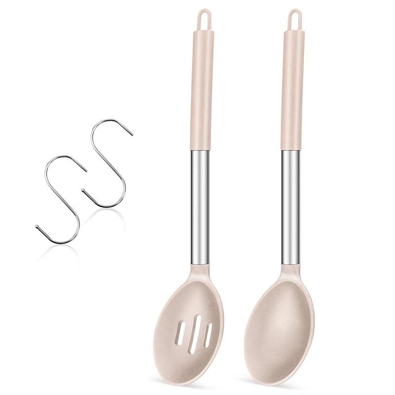 

2 Pack Large Silicone Cooking Spoon Nonstick Solid and Slotted Basting Spoons Set Heat Resistant Kitchen Cookware Utensils JT593 хакі