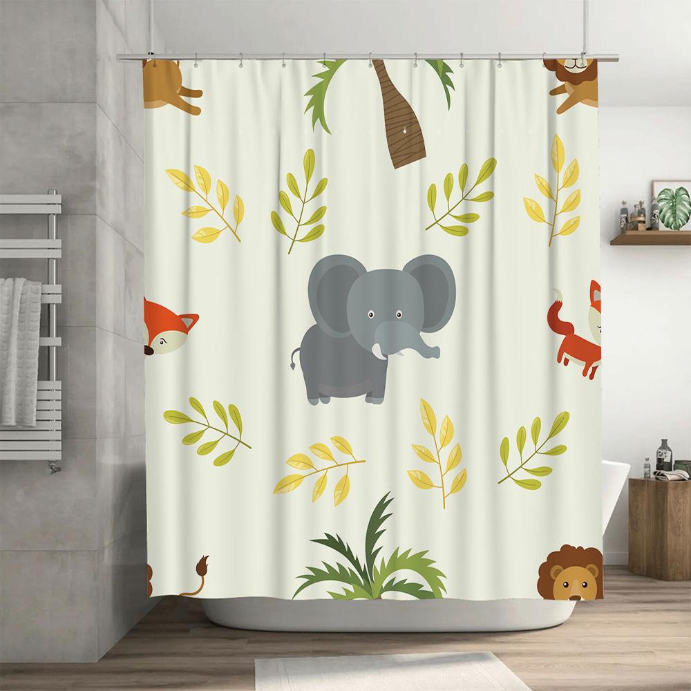 Animal-Themed Shower Curtain Set Featuring Playful Elephants And Woodland Creatures Perfect For A Kids' Bathroom!