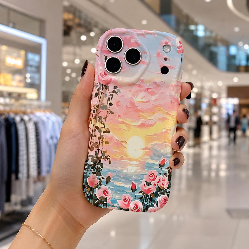 Watercolor Sunset Ocean Rose Wavy Edge Phone Case For iPhone 17 16 15 14 13 12 11 8 7 Plus Pro Max Scenic Soft Back Cover