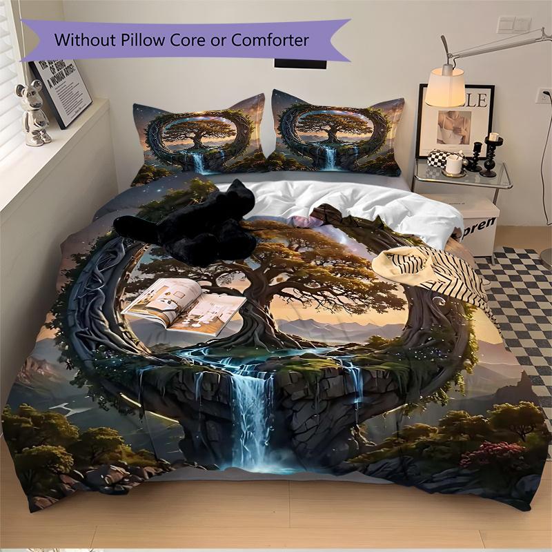 3pcs Fantasy Landscape with a Mystical Tree Quilt Set - Soft and Comfortable Bedroom, Guest Room and Dorm Decor Bedding Set 1 Quilt Cover + 2 Pil