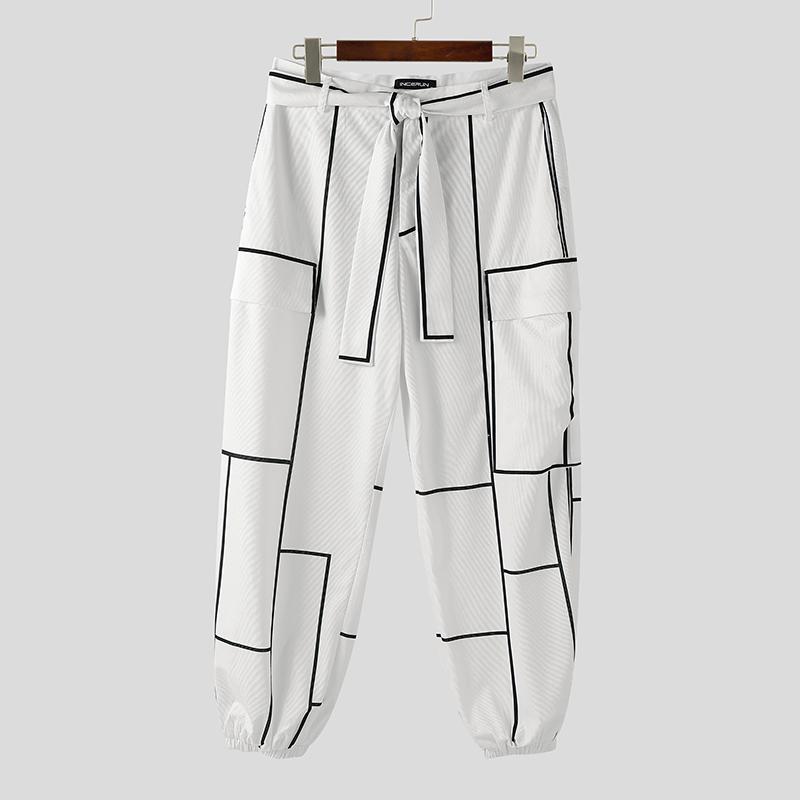 

INCERUN Men Casual Zip-up Waist Belt Stitching Corduroy Harem Pants Trousers M белый