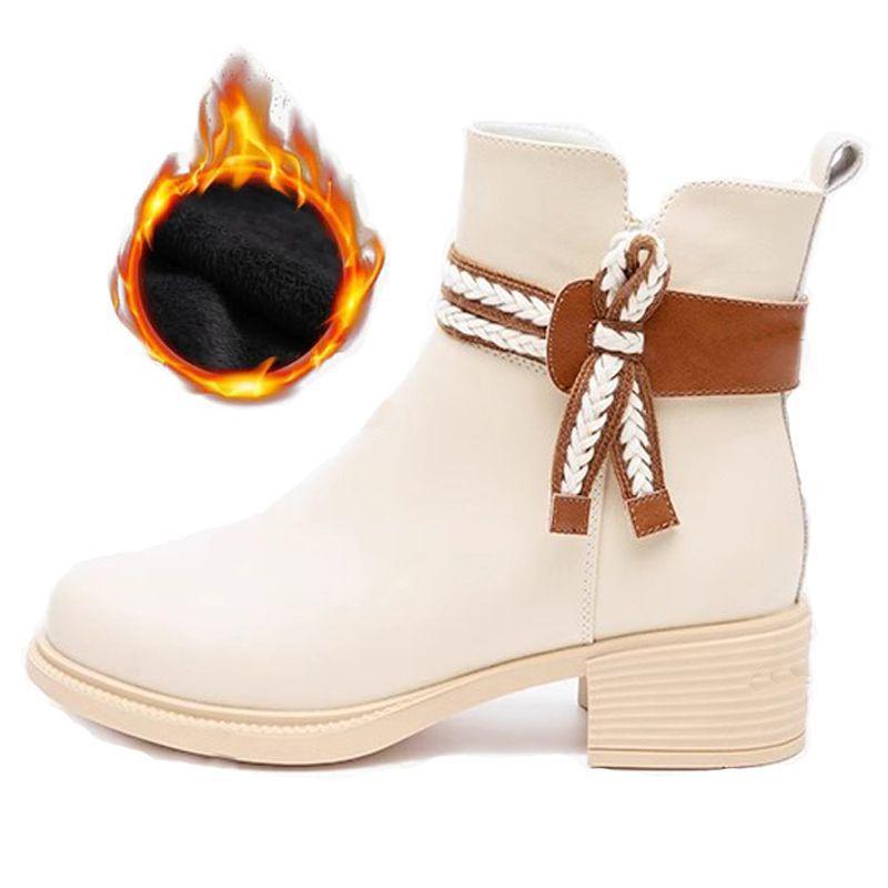 Damen Stiefeletten mit Blockabsatz - Weiches Leder im koreanischen Stil, Herbst/Winter 2025 Kollektion, Vielseitig und Figurformend für Kleider.