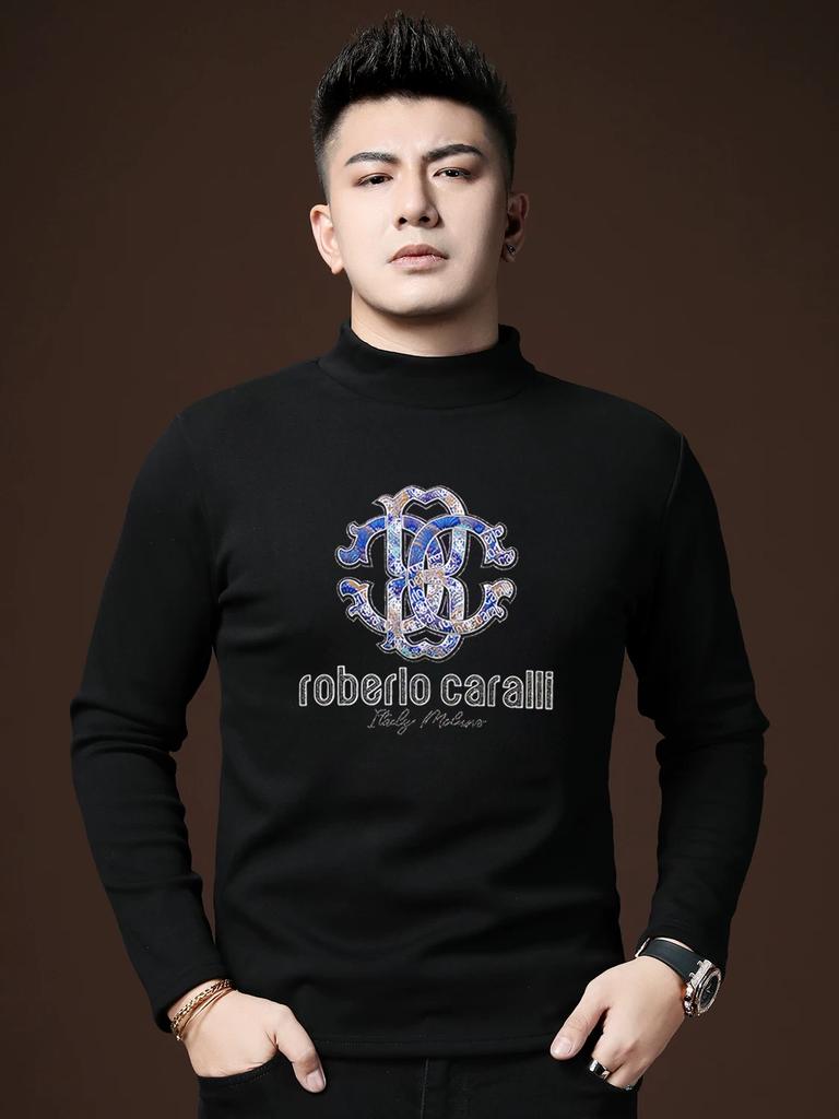 European Trendy Brand Men's Fleece-Lined Half-Turtleneck Base Layer Shirt, Autumn and Winter Slim Fit Warm Inner Wear Long-Sleeve T-Shirt for Men