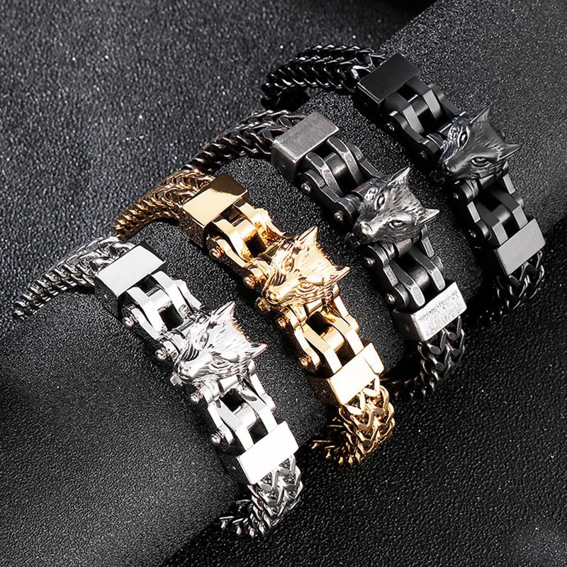 12mm Punk Gold Color Viking Wolf Bracelet Men Hiphop Black Stainless Steel Biker Bike Double Mesh Chain Bangle Jewelry Wristband