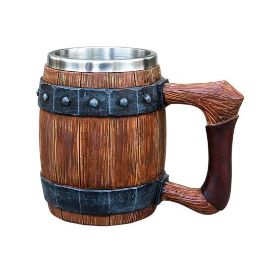 Wood Barrel Beer Mug, 600ml Stainless Steel Liner Stein, Rustic Tankard for Pub Home Bar Pub Party Gift