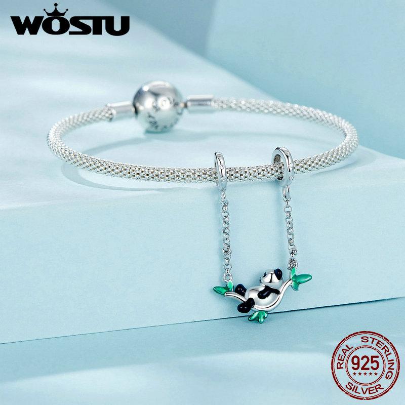 WOSTU 925 Sterling Silver Cute Panda Safty Chains Owls Dog Animal Charms Coffee Cup Beads Fit Bracelets DIY Necklace PartyGift