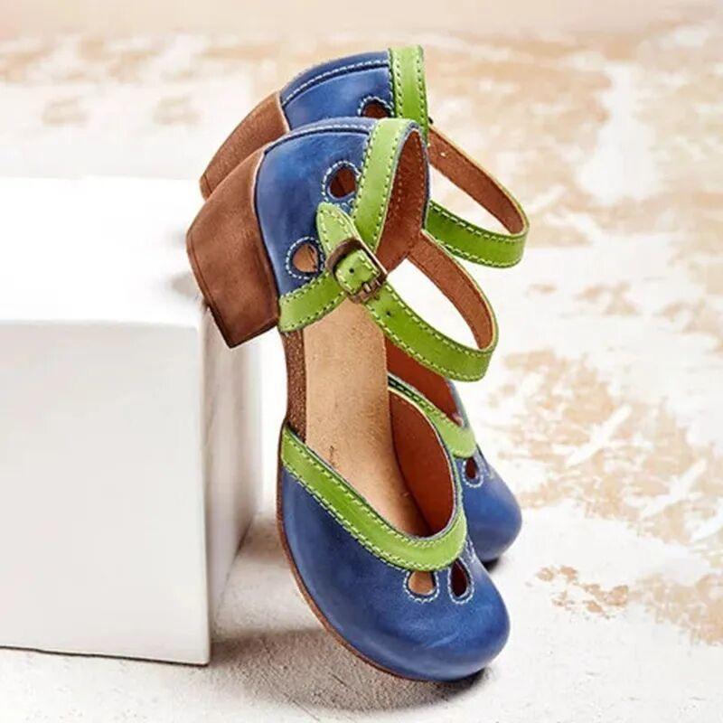 Spring Summer Casual Large Size Women's Shoes Color Block Thick Heel High Heel Sandals Round Toe Rubber Outsole