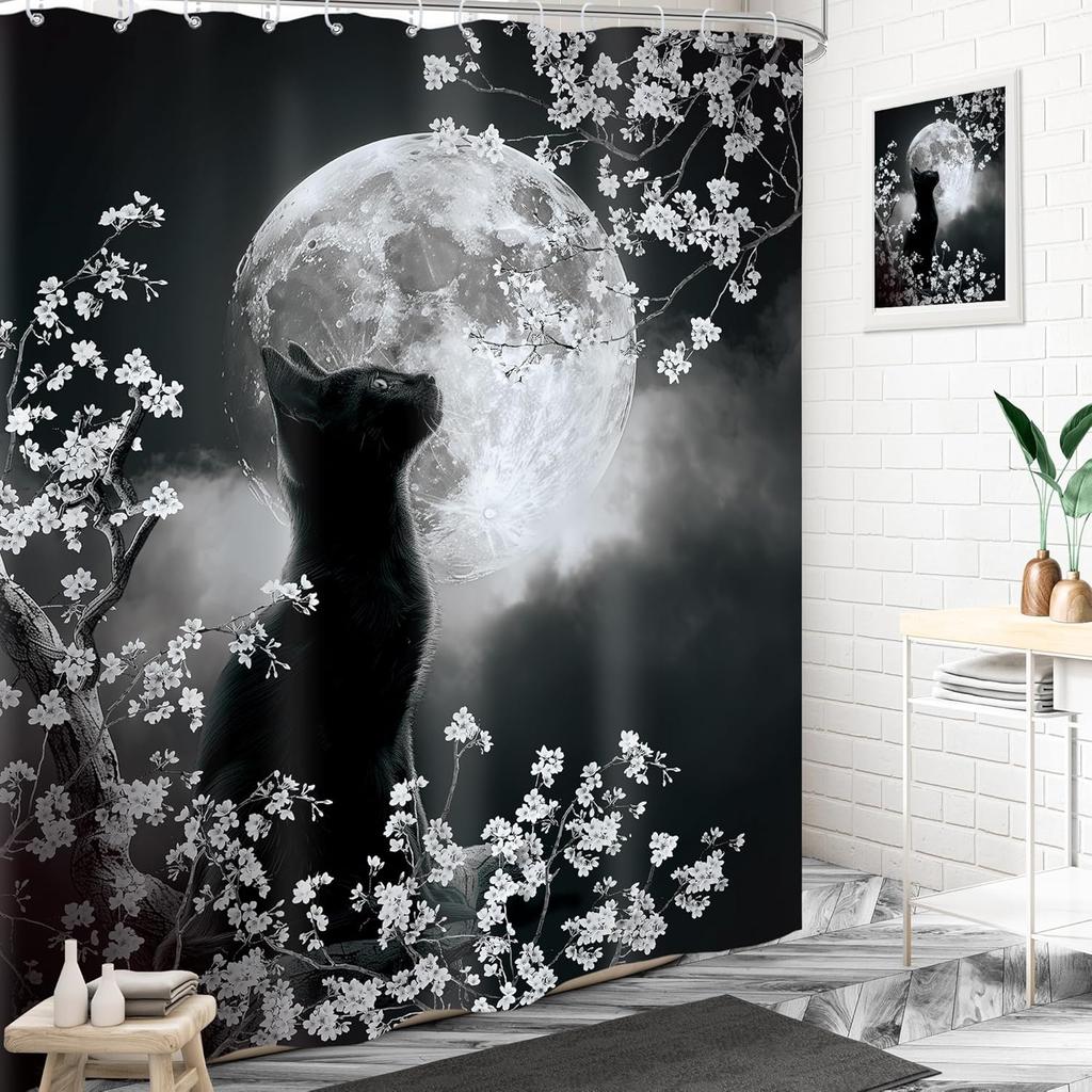 Czarny Kot Księżyc Zasłona Prysznicowa Mistyczna Noc Kwiat Wiśni Kwiatowy Gotycki Nowoczesny Estetyczny Tkanina Wodoodporny Poliester