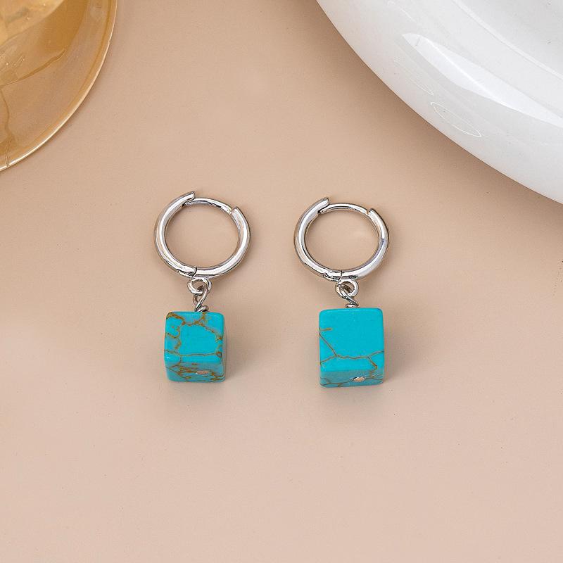 Turquoise Lapis Lazuli Earrings New Retro Bohemian Temperament Light Luxury Geometric Sugar Cube High-end Ear Buckle Women