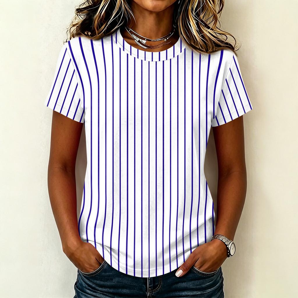 Women's Casual Crew Neck Short Sleeve Pullover T-Shirt Vertical Stripe Print Top Lightweight Soft Fabric Summer Wear