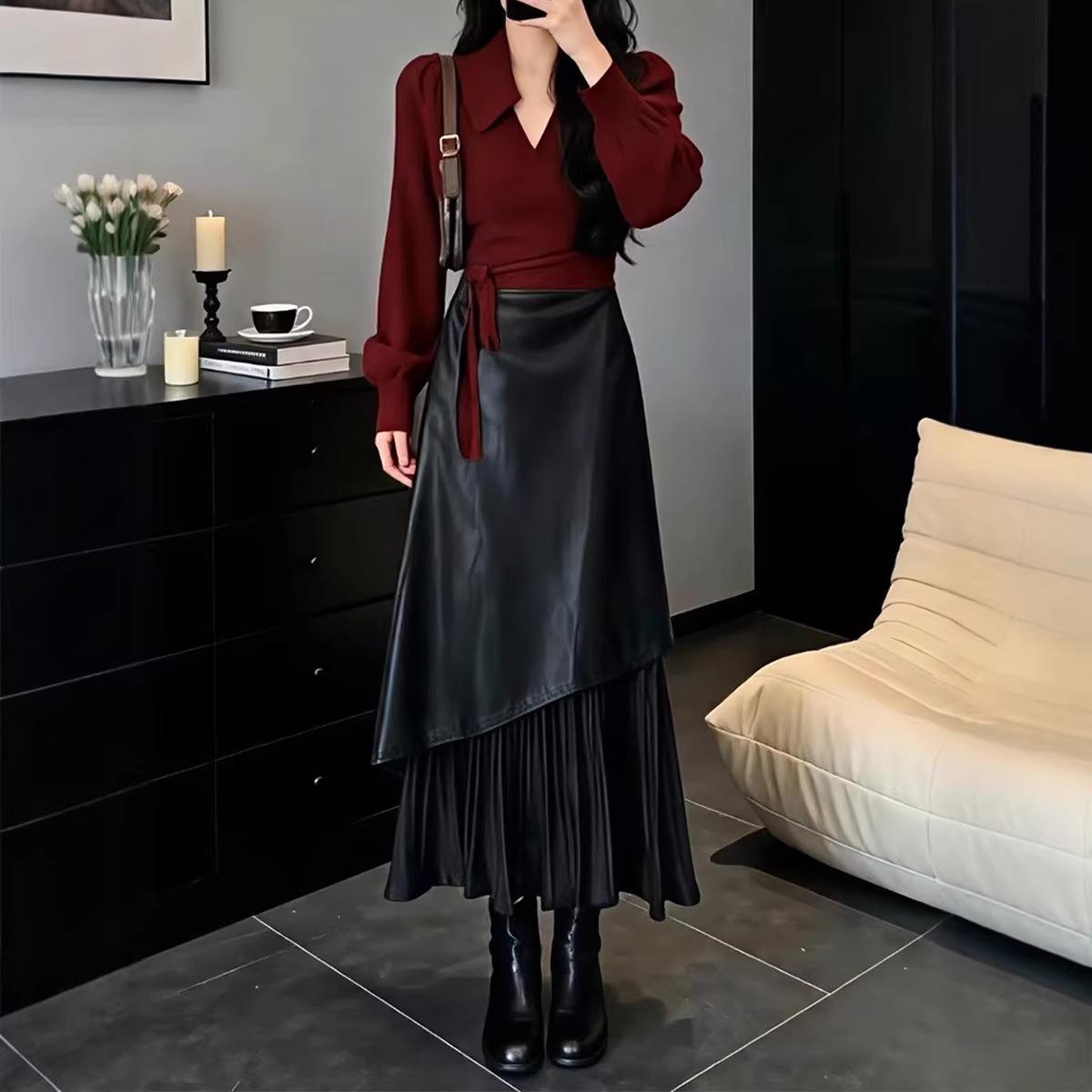 Elegant Red V-Neck Lantern Sleeve Winter Skirt Set for Women XL