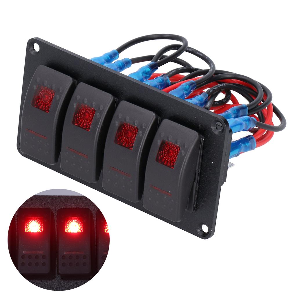 4 Gang Rocker Switch Panel LED Backlight 5‑Pin Overheat Protection for 12V/24V Vehicle Marine Yacht BoatRed Light