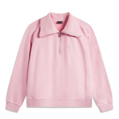 Li Ning Sports Fashion Series Solid Color Half-Zip Polo Long Sleeve Sweatshirt Women Sweatshirt Sheer-Pink AWDU982-3