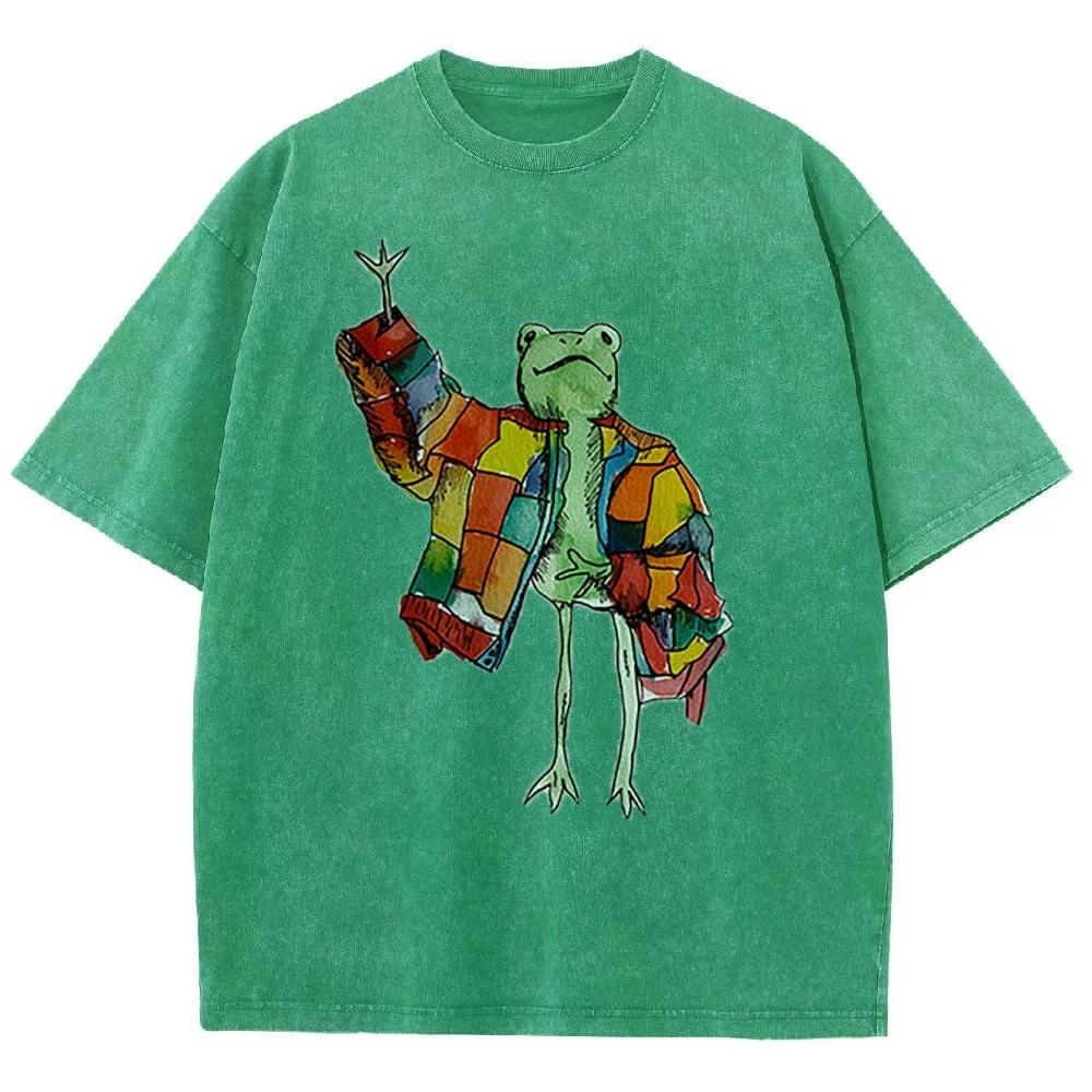 Cute Funny Style Cartoon Frog Print Ladies T-Shirt Loose Wash Oversized Short Sleeve Summer Fashion Cute Top Students