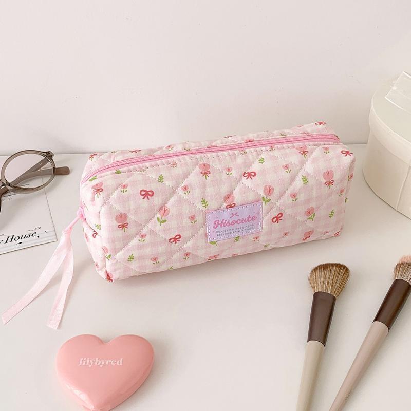 Cute Floral Quilted Pencil Case Multi Functional Soft Large Capacity Organizer for School Students Office Use