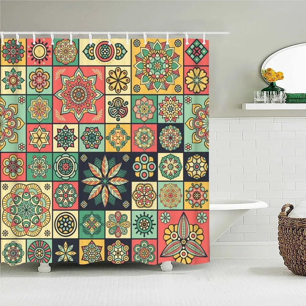 Bohemian 3D Shower Curtain, Indian Mandala Flower Green Blue Chic Color Modern Pattern Bathroom Fabric Home Decor Shower Curtain