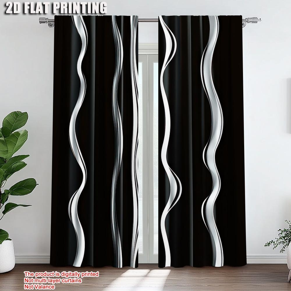 Set Of 2 Black White Stripes Polyester Curtain Bedroom Living Room Decor Fashion Semi Sheer Ideal For Great