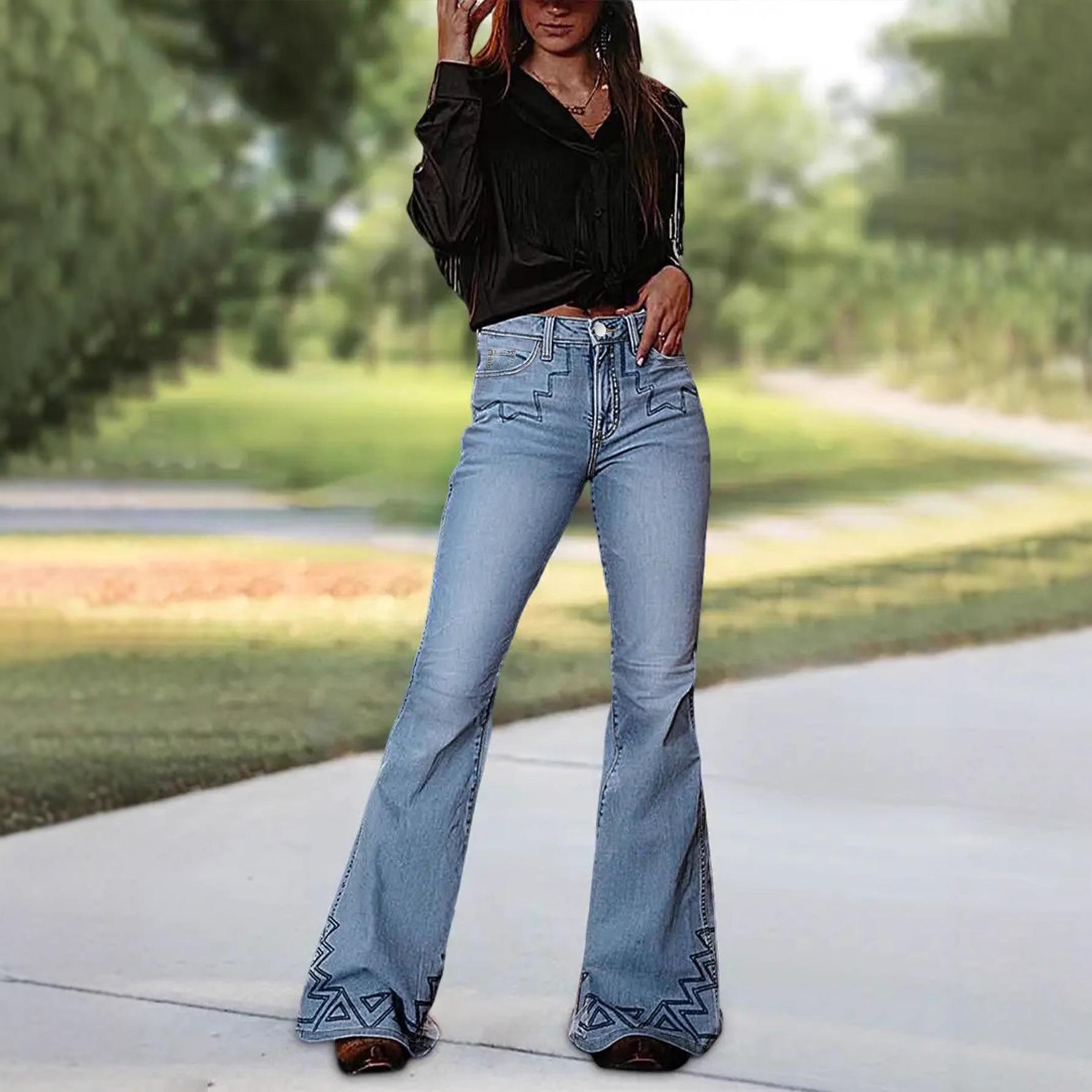 

European Cross-Stitch Embroidery Denim Flare Pants In Stock. US M/6 світло-синій колір