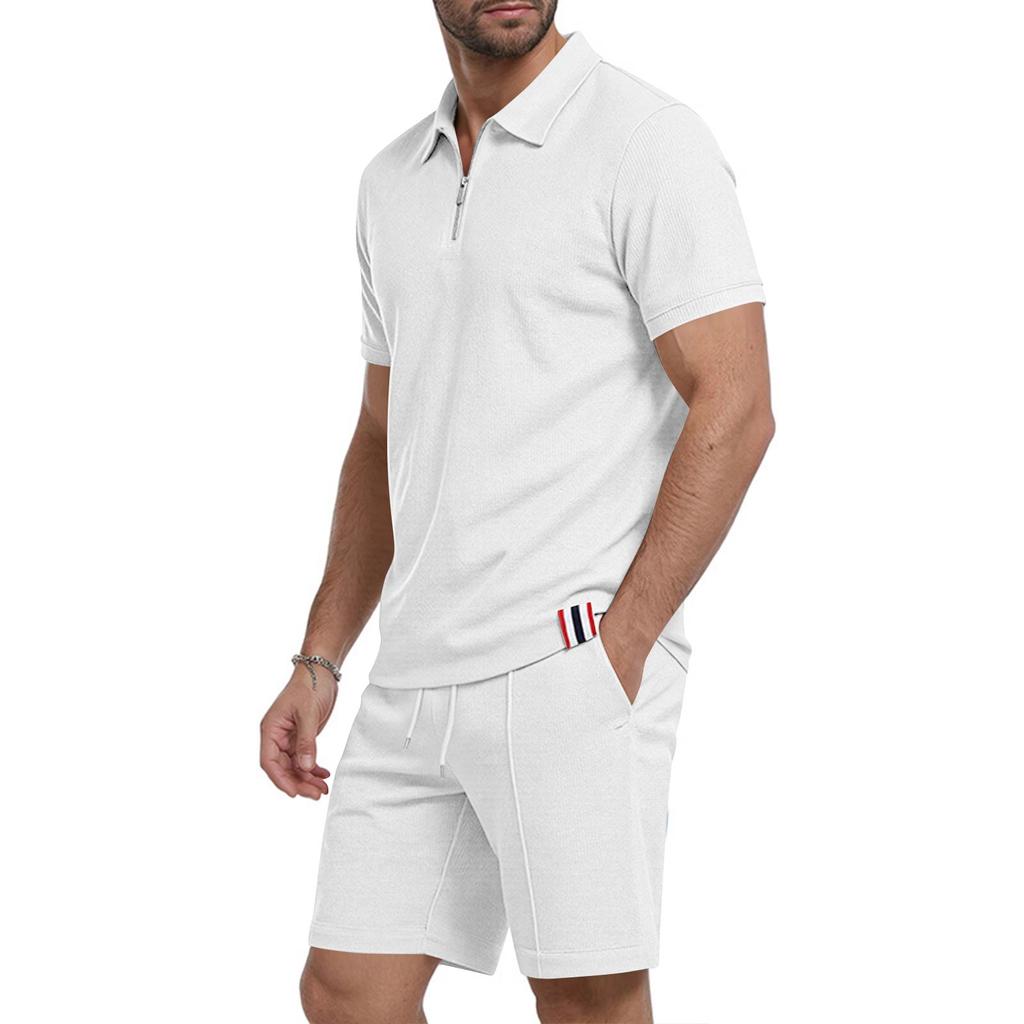 Men's Summer Breathable Waffle Knit Casual Loose Fit Two Piece Set Short Sleeve Polo Shirt with Zipper and Matching Shorts