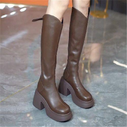 Thick-soled Thick-heeled Boots 2025 Autumn and Winter New High-heeled Cream Boots V-mouth But Knee Knight Boots Ins Tide