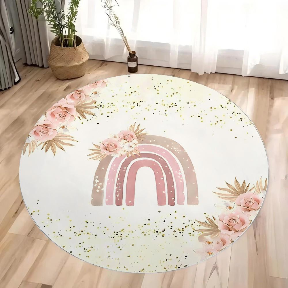Boho Rainbow Round Rug Floor Mat Non-Slip Machine Washable Flannel Carpet for Home Living Room Kids Playmat Bedroom Floor Mat