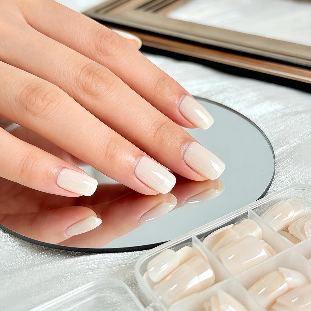 144Pcs Nude Apricot Short Square False Nails Tip Solid Color Handmade Glossy Almond Fake Manicure Removable Wearable Nail Armor