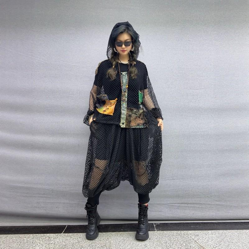 Womens Street Style Denim Patchwork Sunscreen Hooded Cardigan Cropped Pants Set