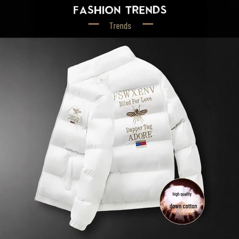 European Style Little Bee Embroidered Men's Winter Jacket - Korean Trendy Thick Down Cotton Coat