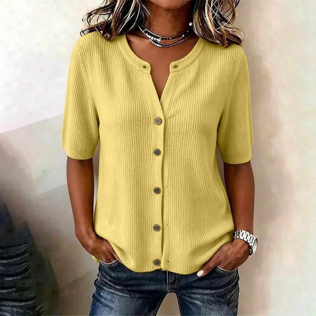 Women Ribbed Knit Short Sleeve Button Up Top V Neck Lightweight Casual Blouse Summer Wear Slim Fit Soft Fabric
