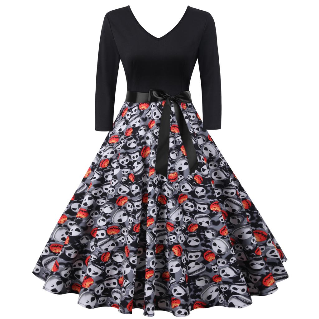 Women's Halloween Digital Printed Waist Long Sleeve Stitching A-line V-neckDress