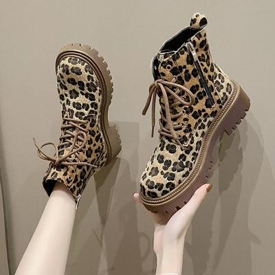 Sapatos para Mulheres 2024 Moda Cadarço Botas Femininas Inverno Bico Redondo Estampa de Leopardo Salto Baixo Zíper Tamanhos Grandes Botas