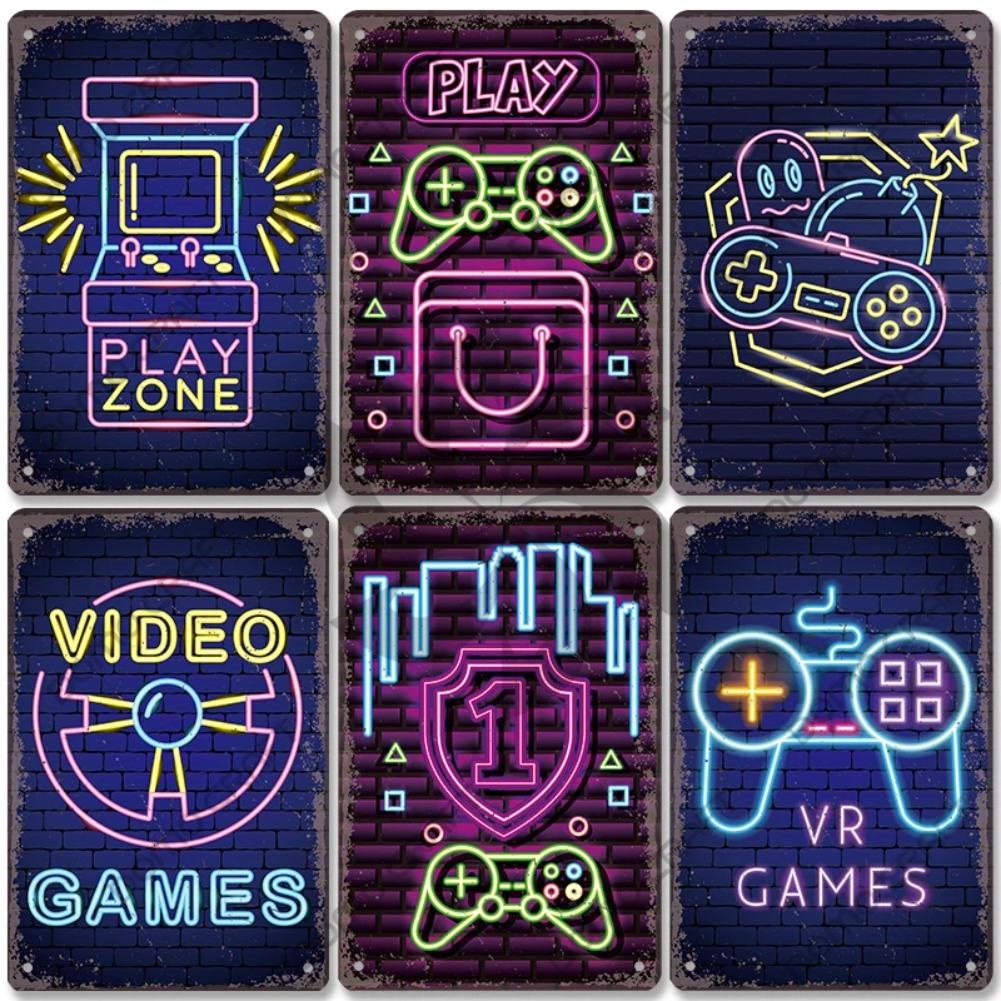 Poster Neon pentru jocuri video Placă metalică Gamer Play Win Game Zone Semne de tablă din metal Decor de perete retro Sala de jocuri Bar Pub Peștera omului