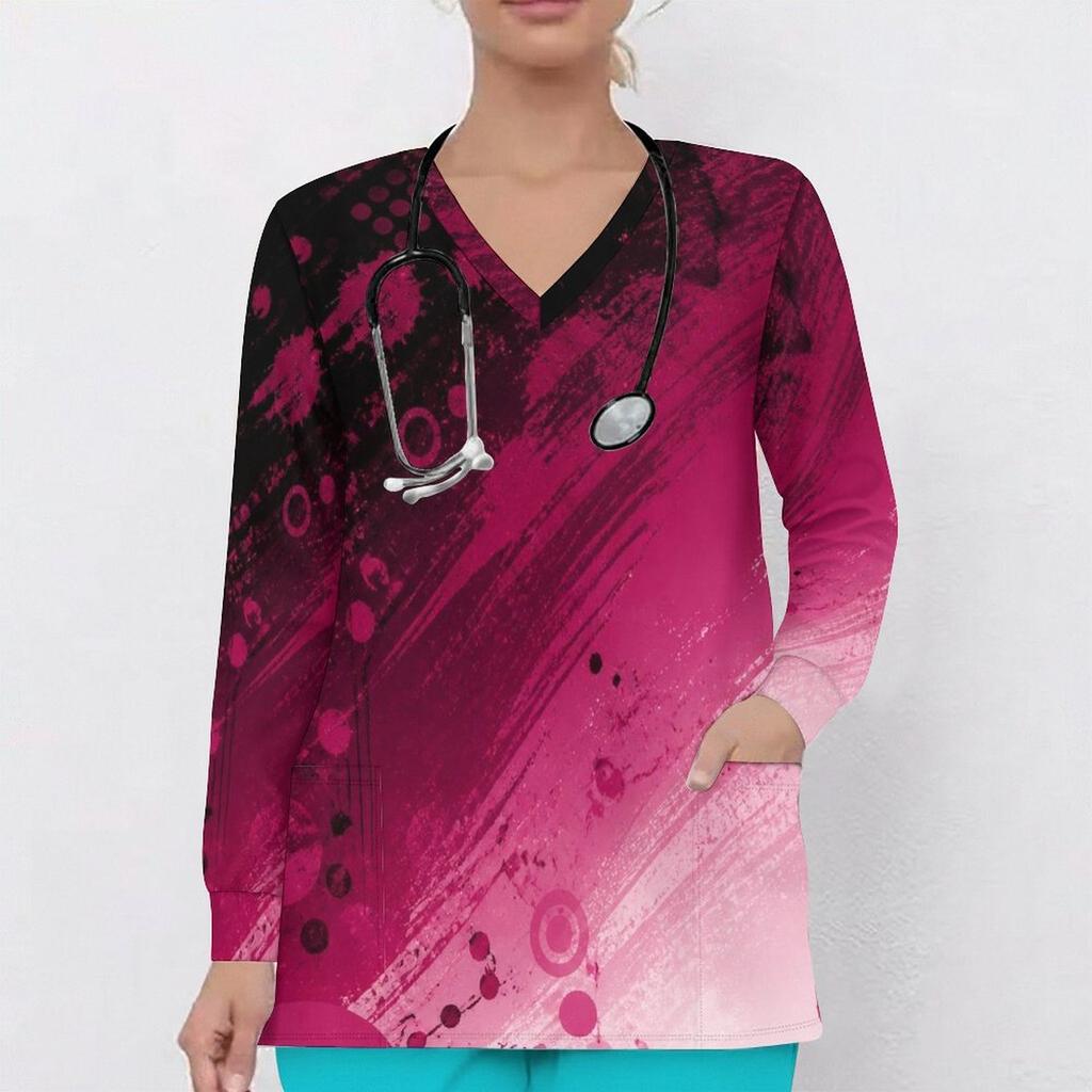 Women Plus Size Teal Black Gold Marble Printed Nurse Scrub Top V Neck Long Sleeve With Front Pockets